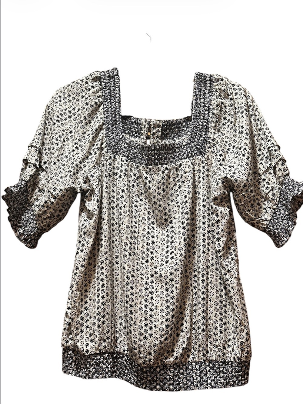 Fat Face Cream and Black Floral Square-Neck Peasant Top
